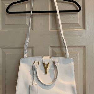 Saint Laurent Paris White Y Line Cabas Leather Satchel/Shoulder Handbag